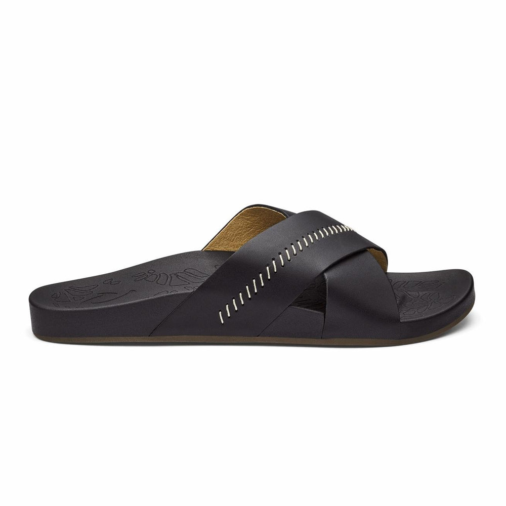 Olukai Kipe‘a ‘Olu Slide Sandals - Black | Women Leather