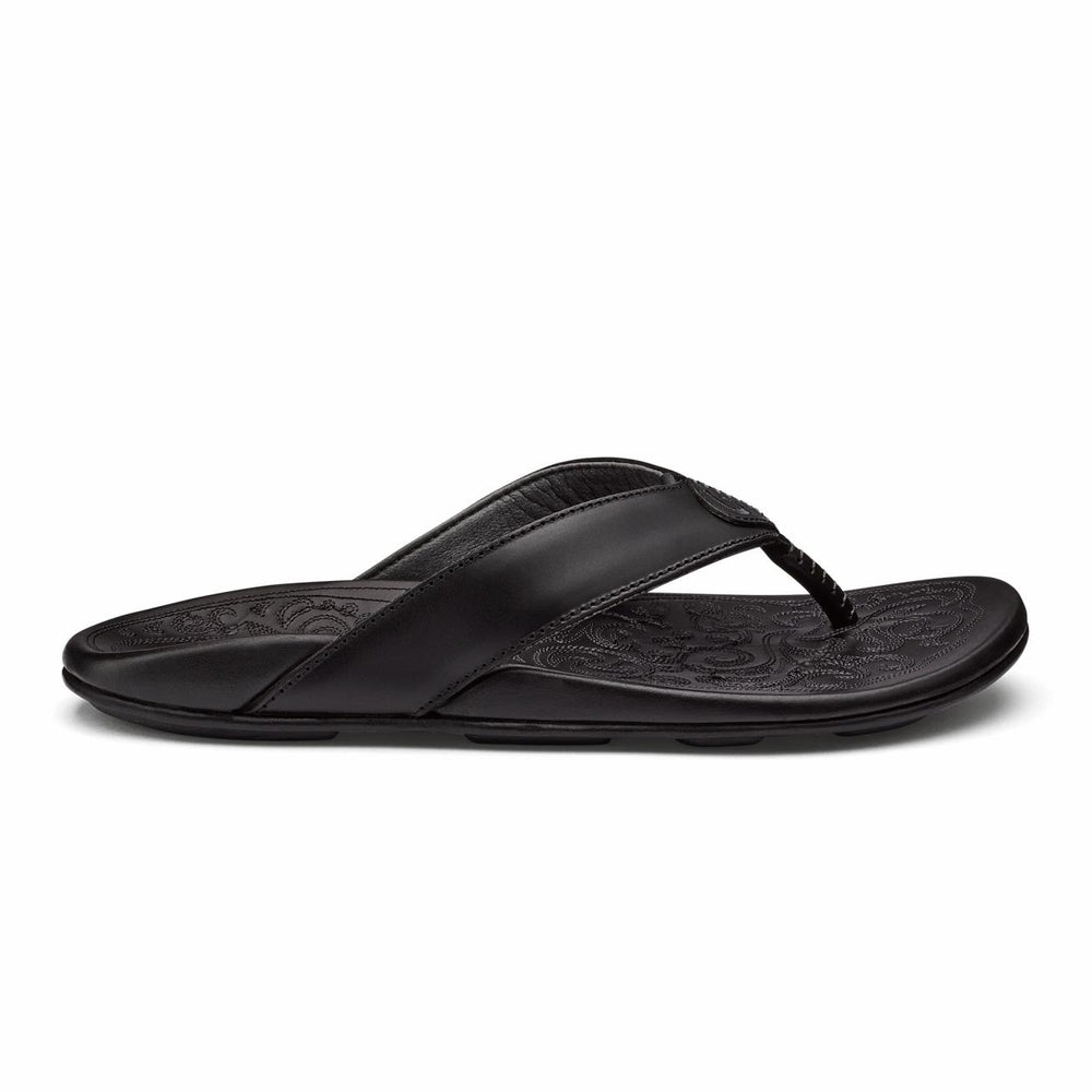 Olukai Mekila Full-Grain Leather Beach Sandals - Black | Men Leather