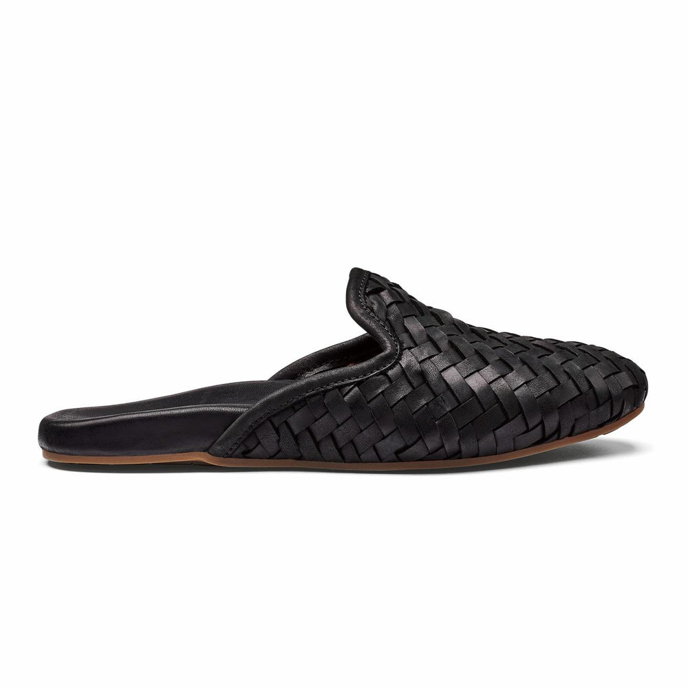 Olukai Mi‘i Woven Leather Mule Shoes - Black | Women Slip-On