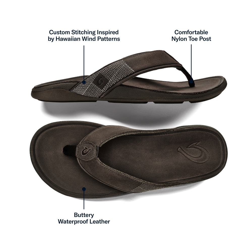 Tuahine Men's Waterproof Leather Beach Sandals - Dark Wood | OluKai Men
