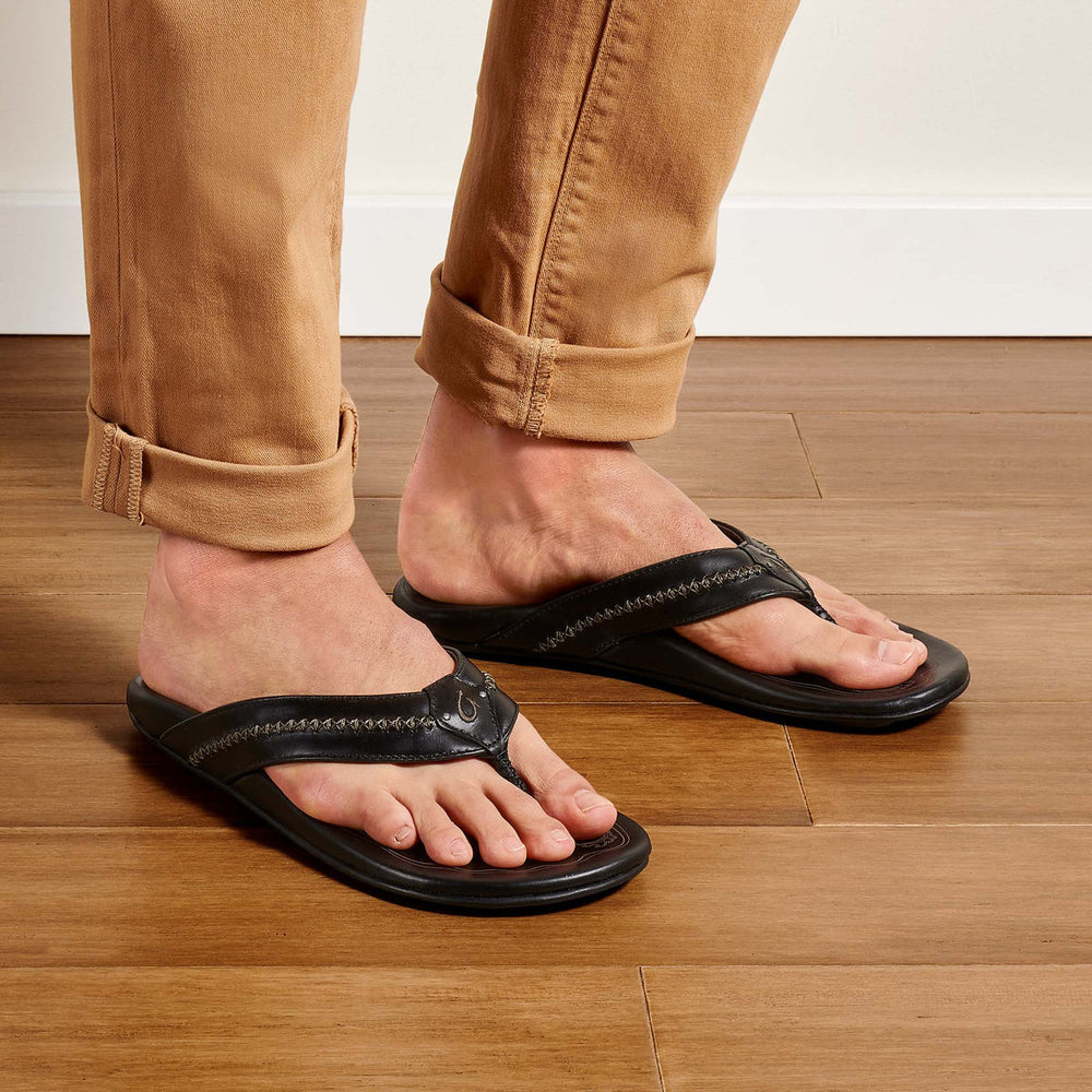 OluKai Mea Ola - Black | Men's Leather Beach Sandals | OluKai Men