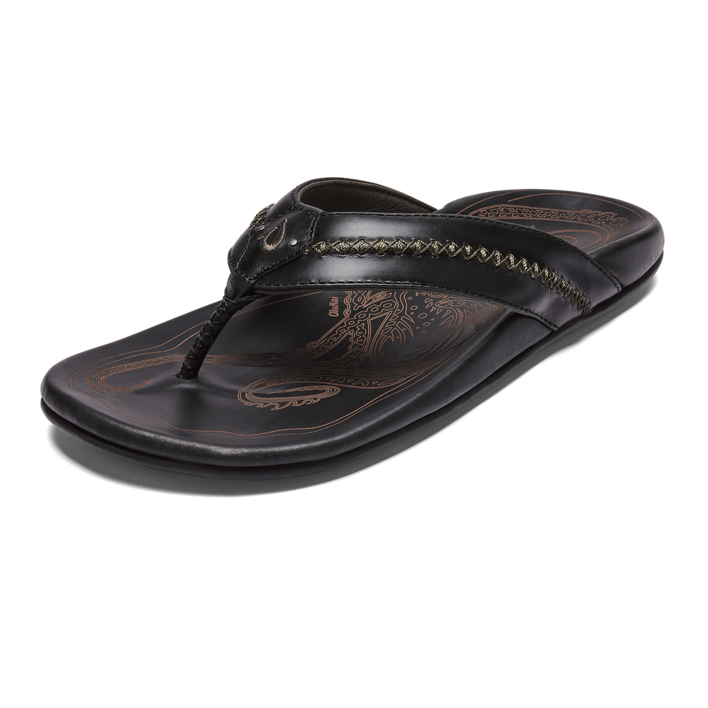 OluKai Mea Ola - Black | Men's Leather Beach Sandals | OluKai Men