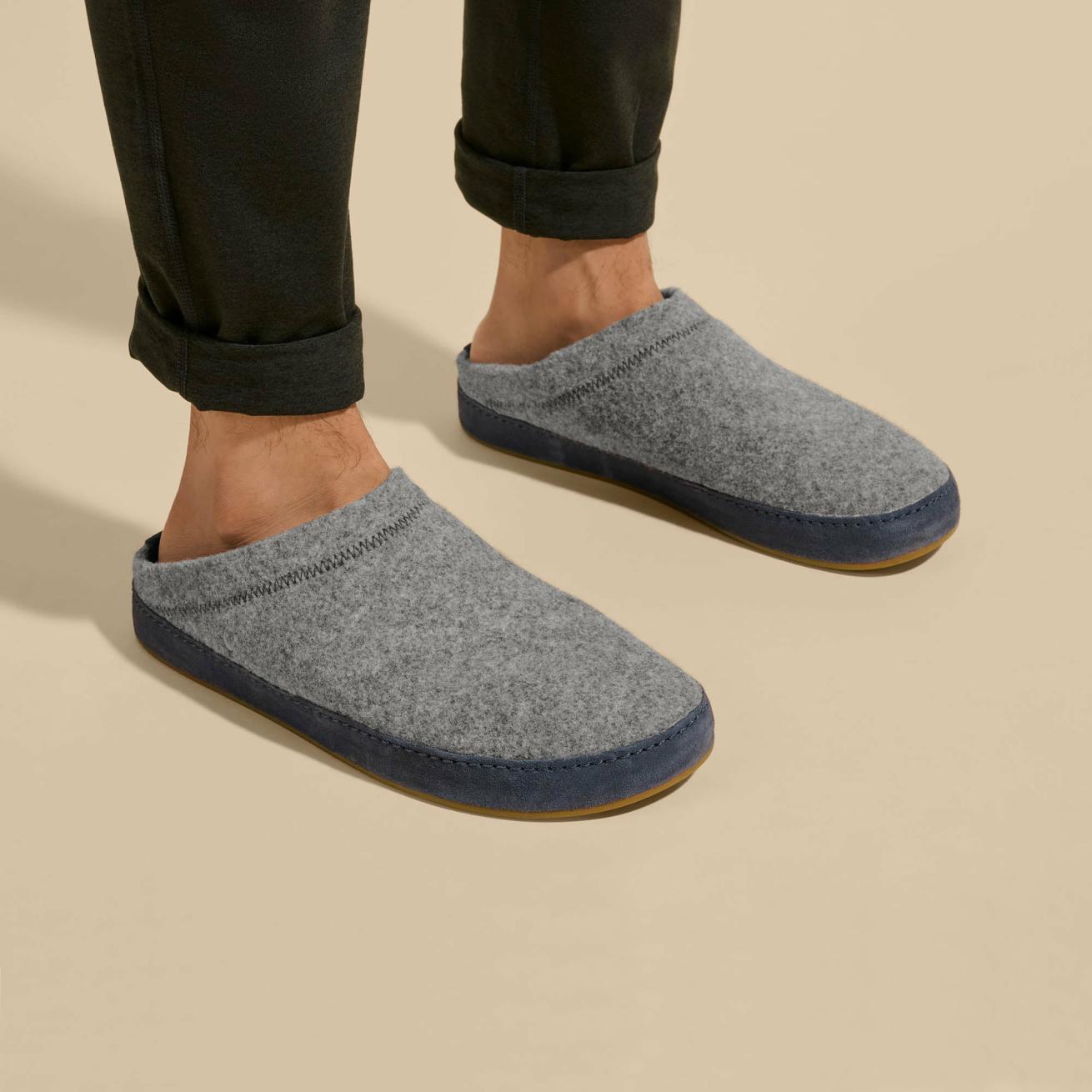 Olukai Hāmani Hulu Wool Mule Slippers - Graphite / Trench Blue | Men Warm Weather