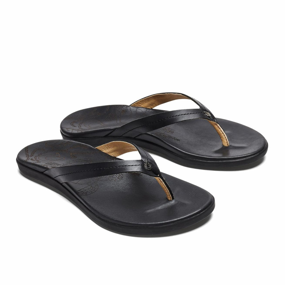 Olukai Honu Leather Beach Sandals - Black | Women Leather