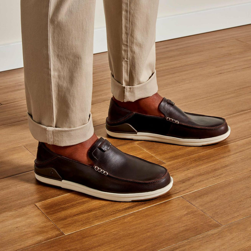 Olukai Kākaha Leather Slip-On Shoes - Dark Java | Men Leather