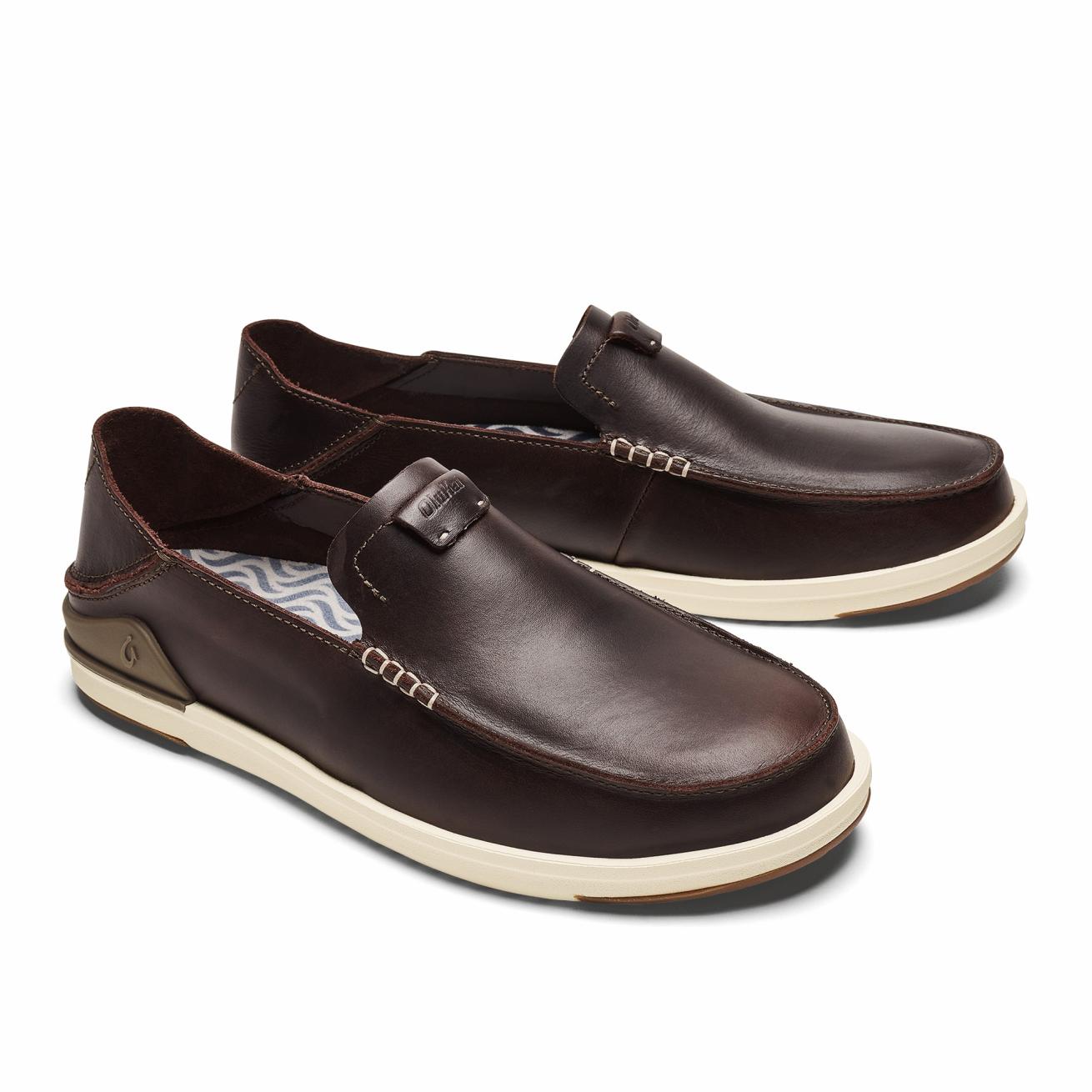 Olukai Kākaha Leather Slip-On Shoes - Dark Java | Men Leather