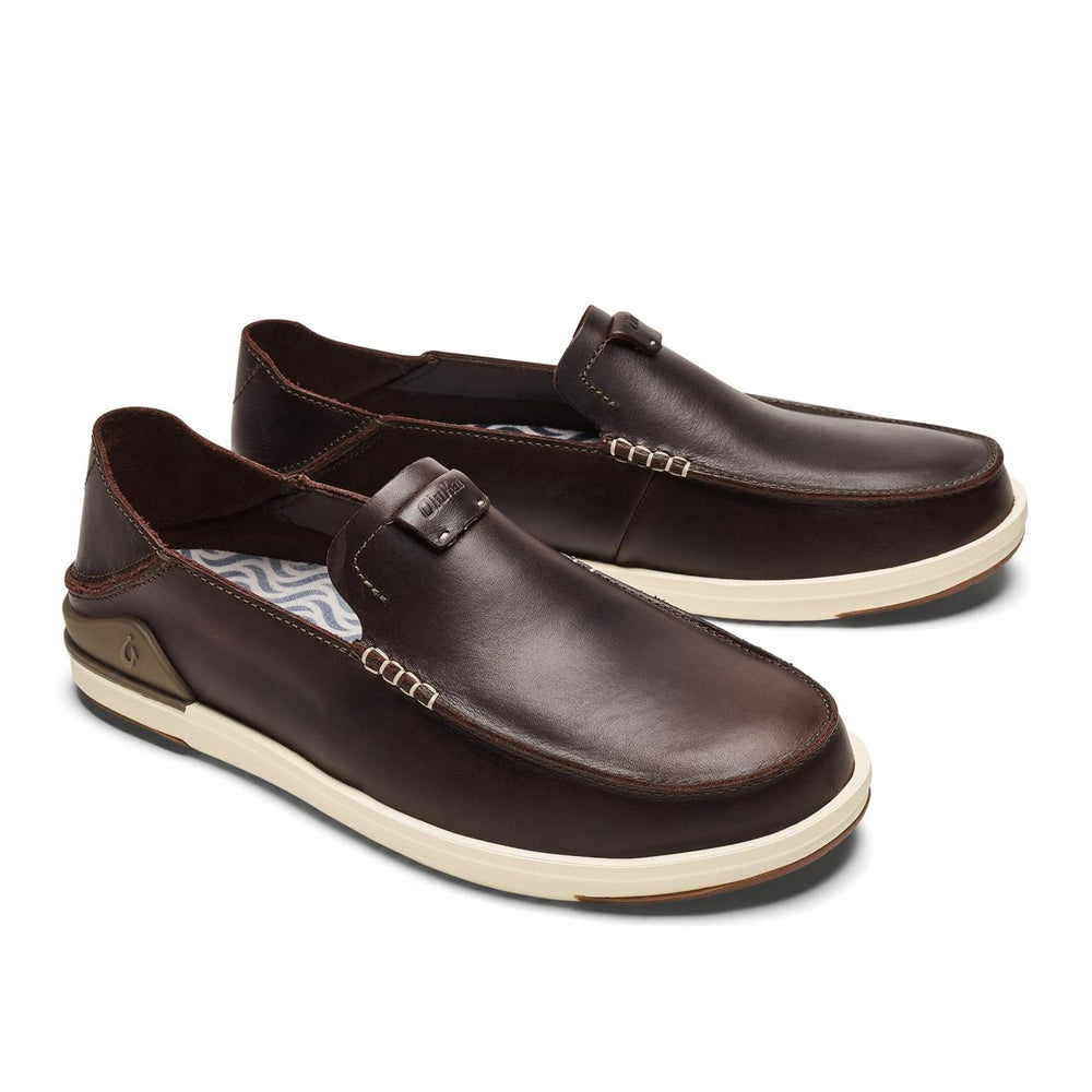 Olukai Kākaha Leather Slip-On Shoes - Dark Java | Men Leather
