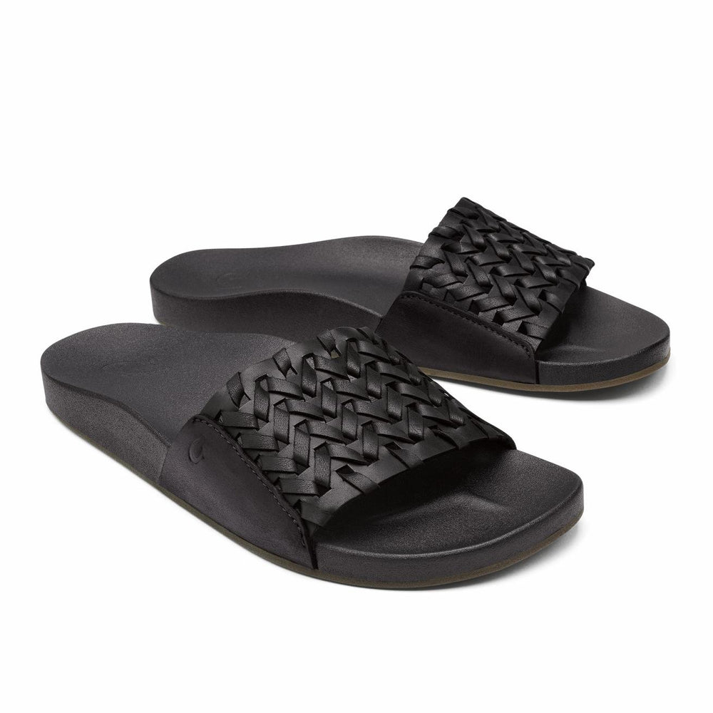 Olukai Kāmola Leather Slide Sandals - Black | Women Leather