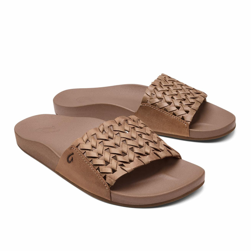 Olukai Kāmola Leather Slide Sandals - Tan | Women Slides
