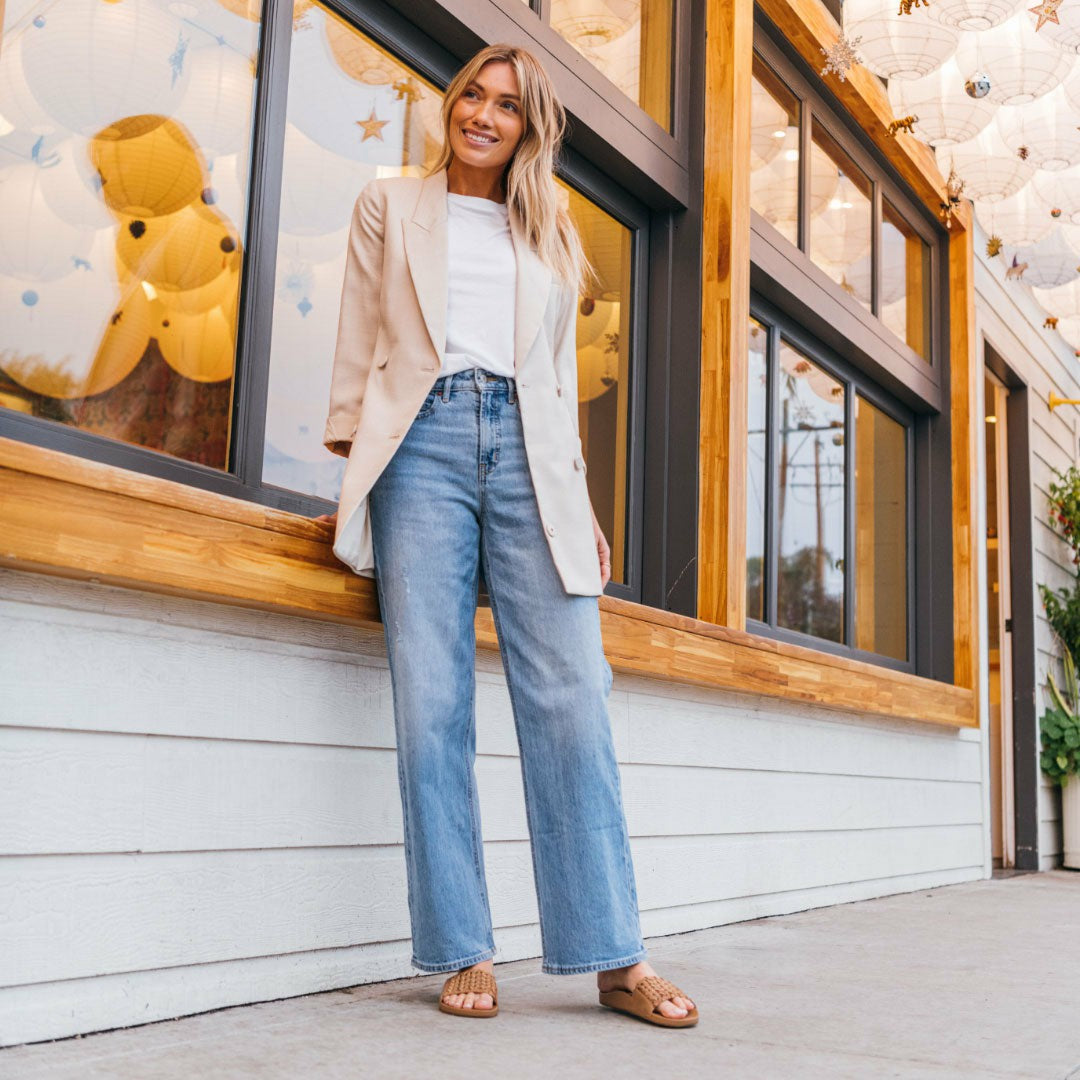 Olukai Kāmola Leather Slide Sandals - Tan | Women Slides