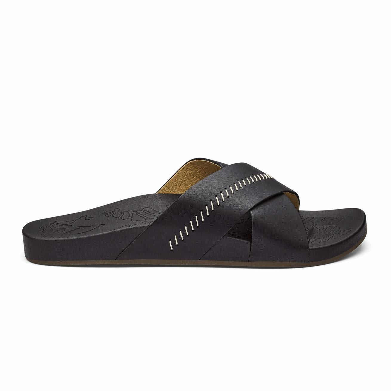 Olukai Kipe‘a ‘Olu Slide Sandals - Black | Women Leather