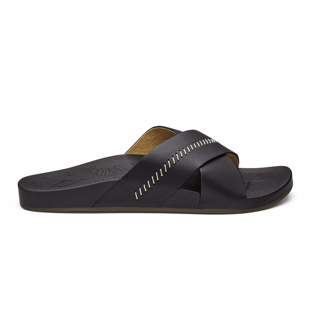 Olukai Kipe‘a ‘Olu Slide Sandals - Black | Women Leather