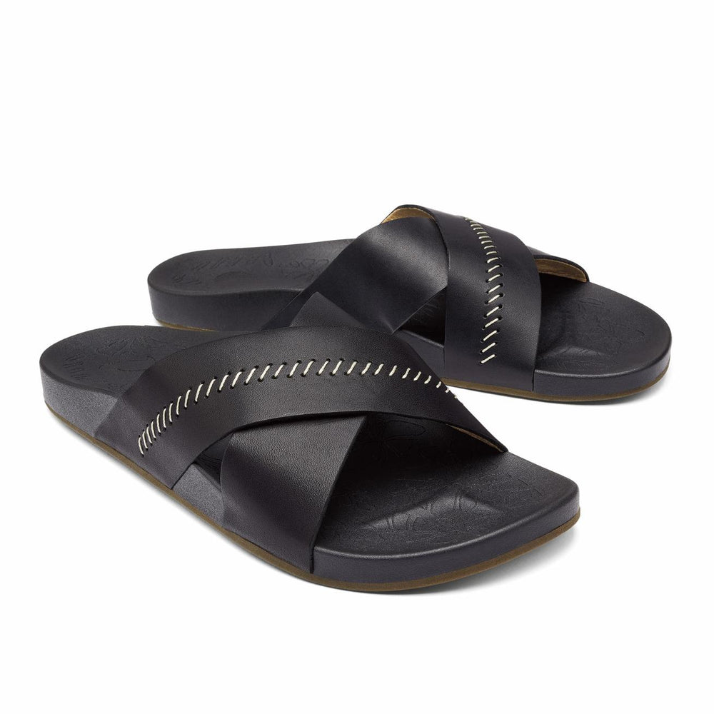 Olukai Kipe‘a ‘Olu Slide Sandals - Black | Women Leather
