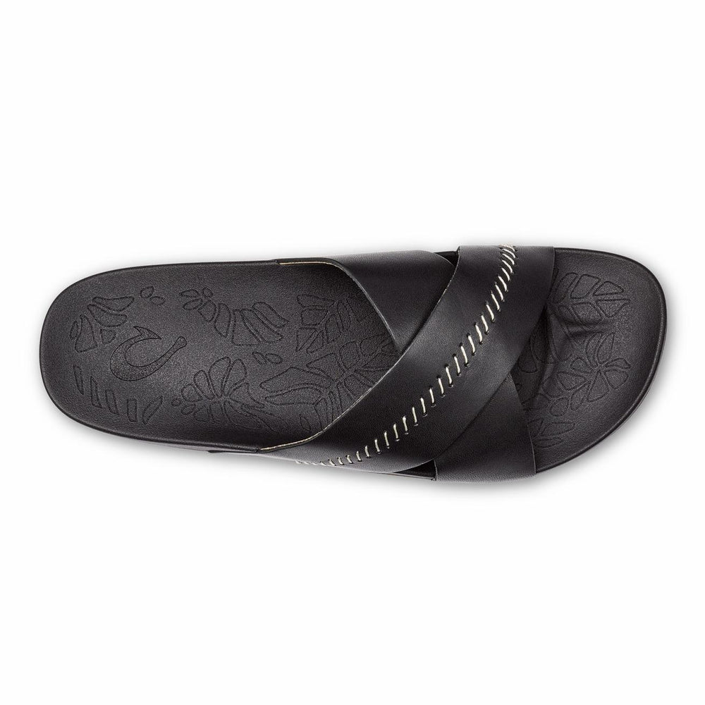 Olukai Kipe‘a ‘Olu Slide Sandals - Black | Women Leather