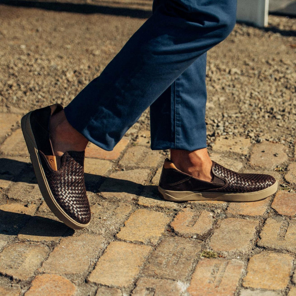Olukai Lae‘ahi Lauhala Leather Slip-On Sneakers - Dark Wood | Men Slip-On