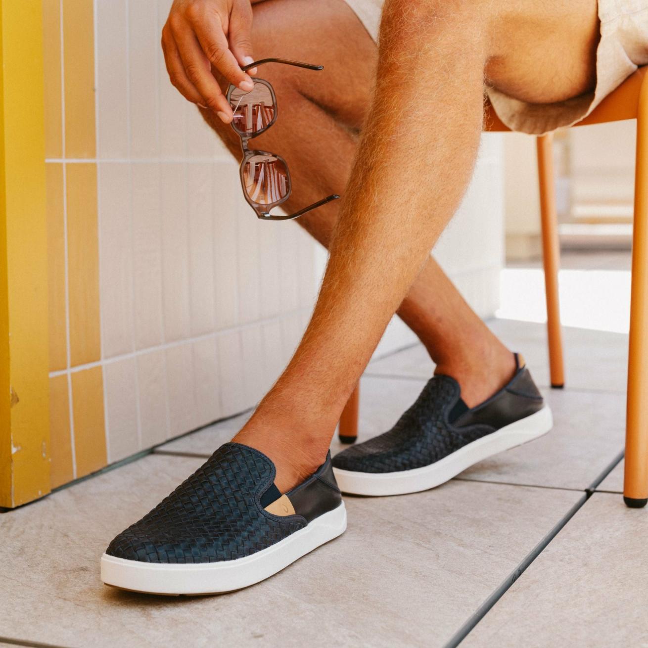 Olukai Lae‘ahi Lauhala Leather Slip-Ons - Trench Blue | Men Leather