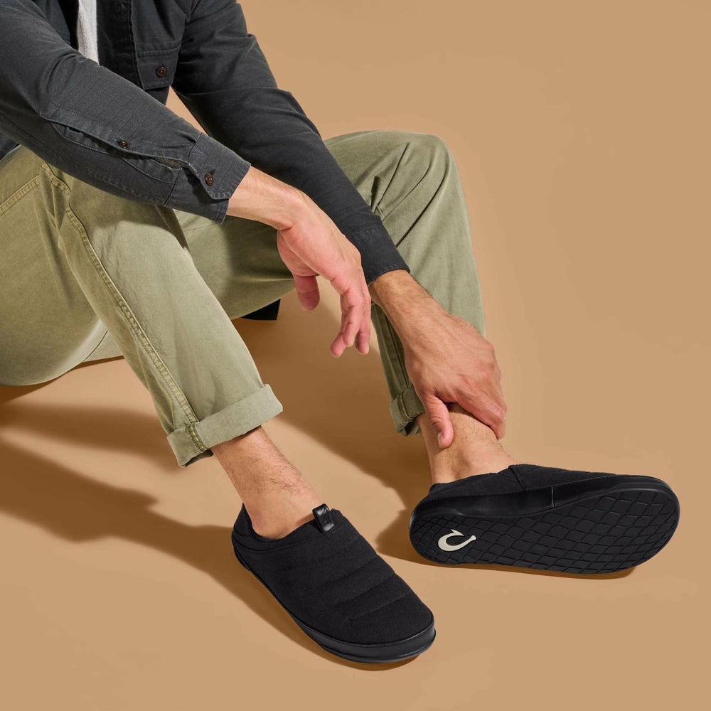 Olukai Mahana Jersey Cotton Slippers - Black | Men Indoor/Outdoor