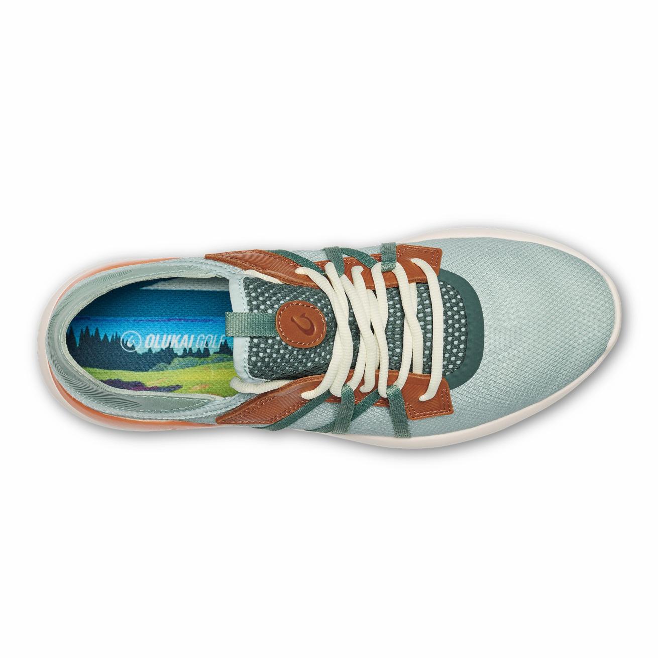 Olukai Manele Breathable Golf Shoes - Pale Moss / Molten Orange | Men Golf