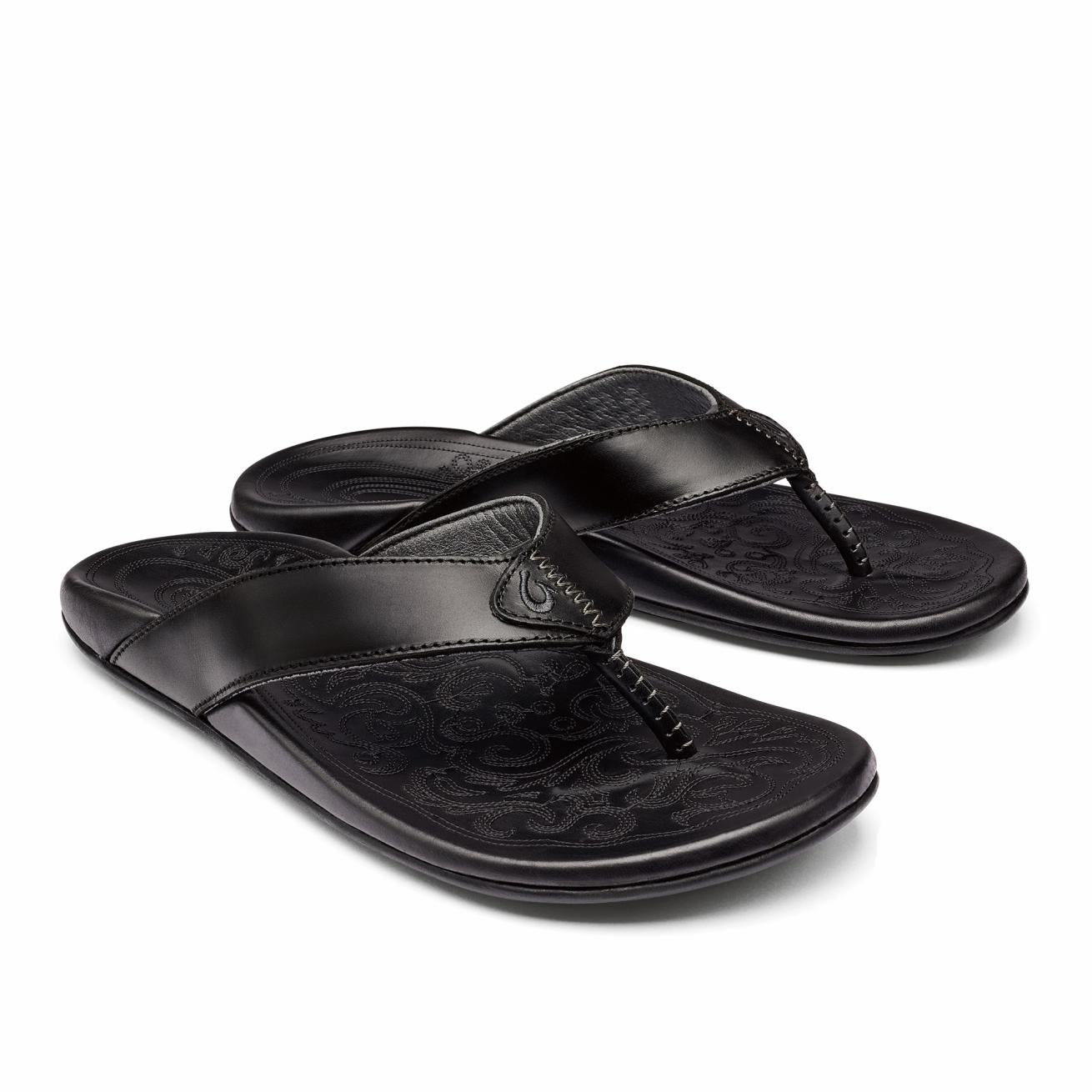 Olukai Mekila Full-Grain Leather Beach Sandals - Black | Men Leather
