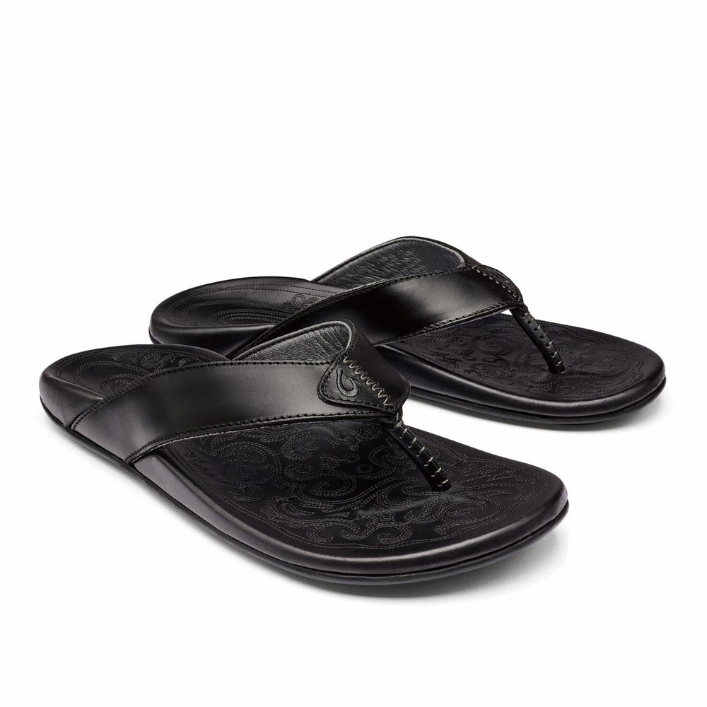 Olukai Mekila Full-Grain Leather Beach Sandals - Black | Men Leather