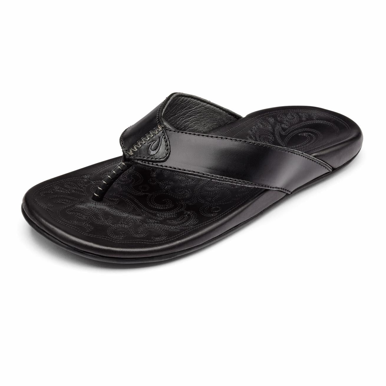 Olukai Mekila Full-Grain Leather Beach Sandals - Black | Men Leather