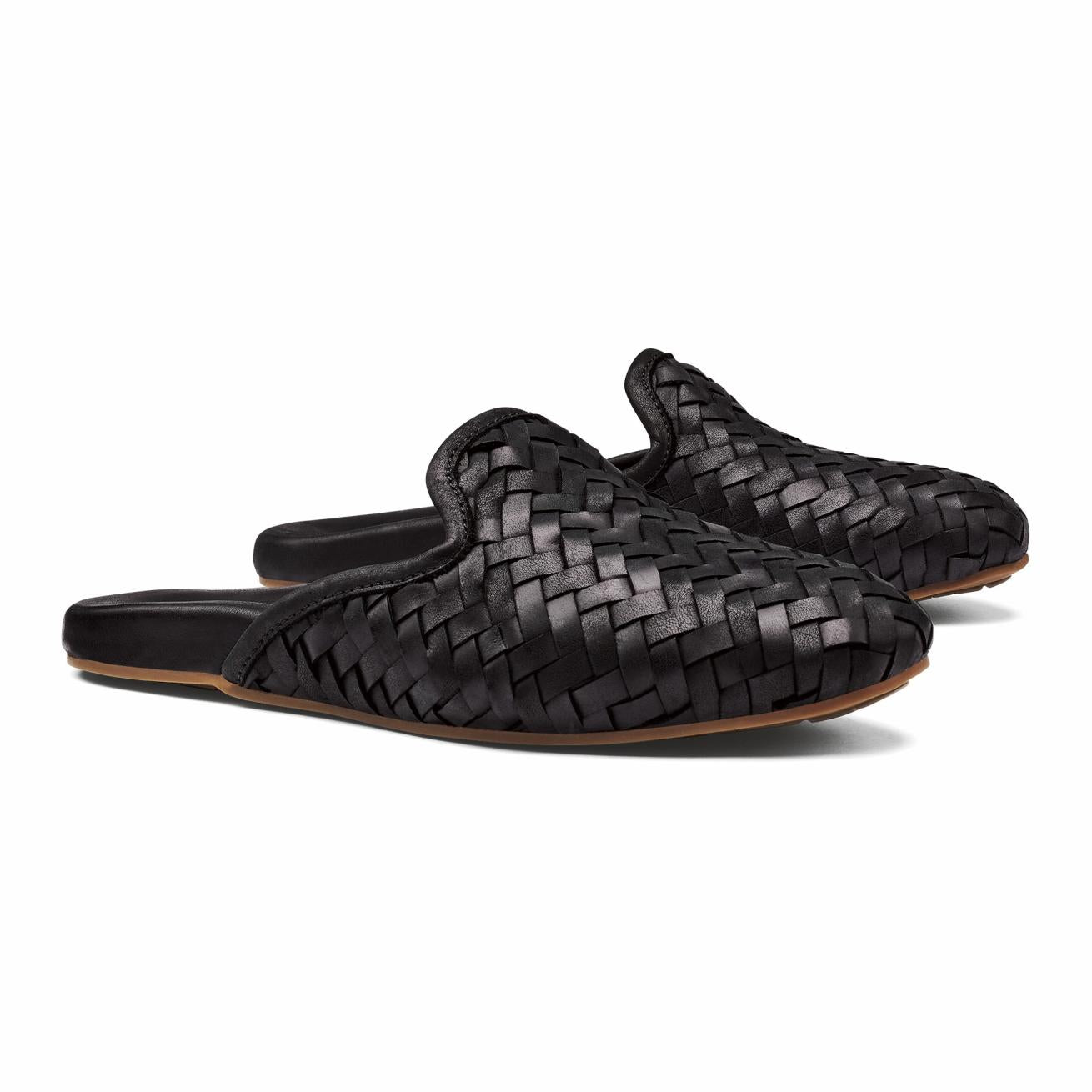 Olukai Mi‘i Woven Leather Mule Shoes - Black | Women Slip-On