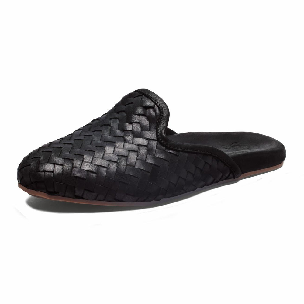 Olukai Mi‘i Woven Leather Mule Shoes - Black | Women Slip-On