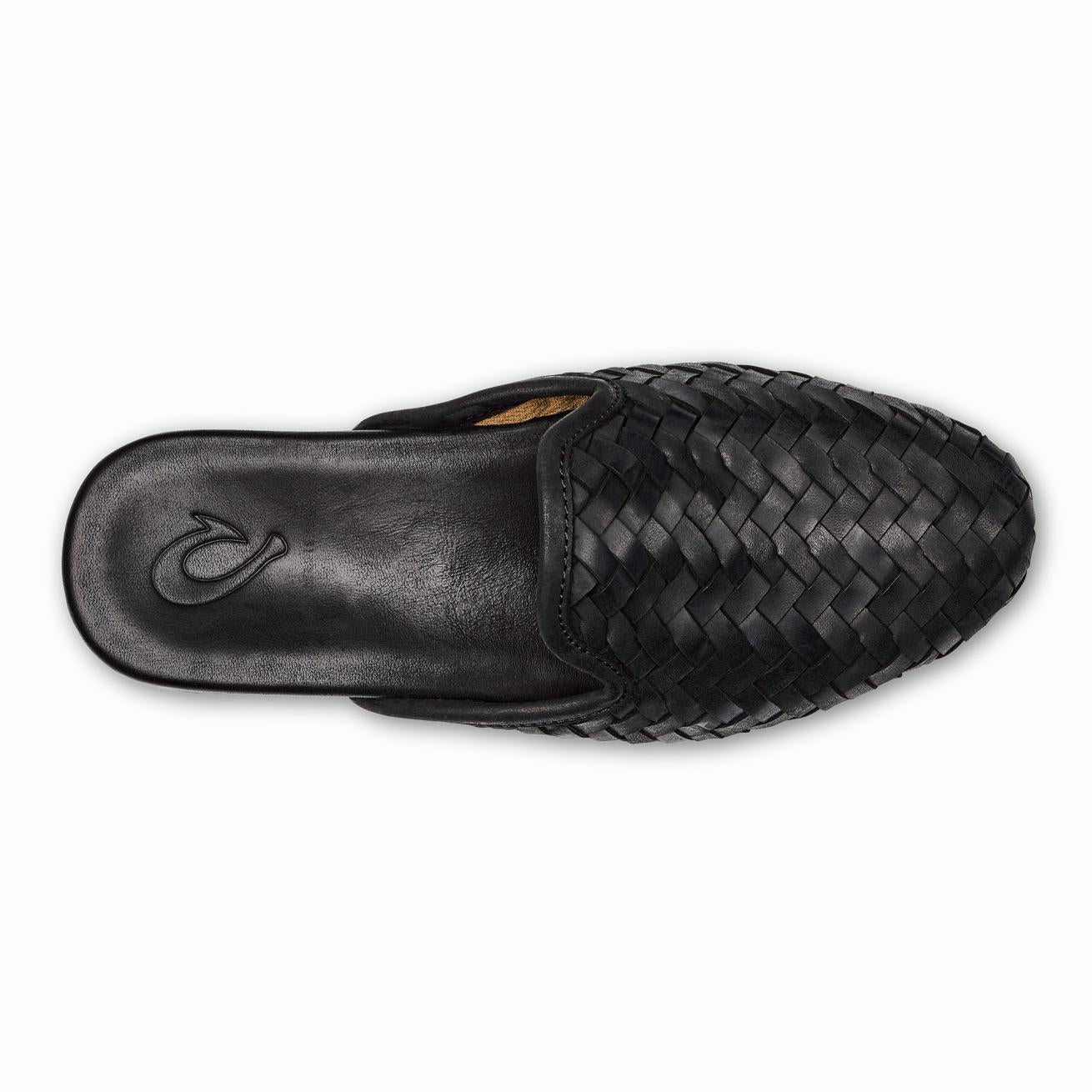 Olukai Mi‘i Woven Leather Mule Shoes - Black | Women Slip-On