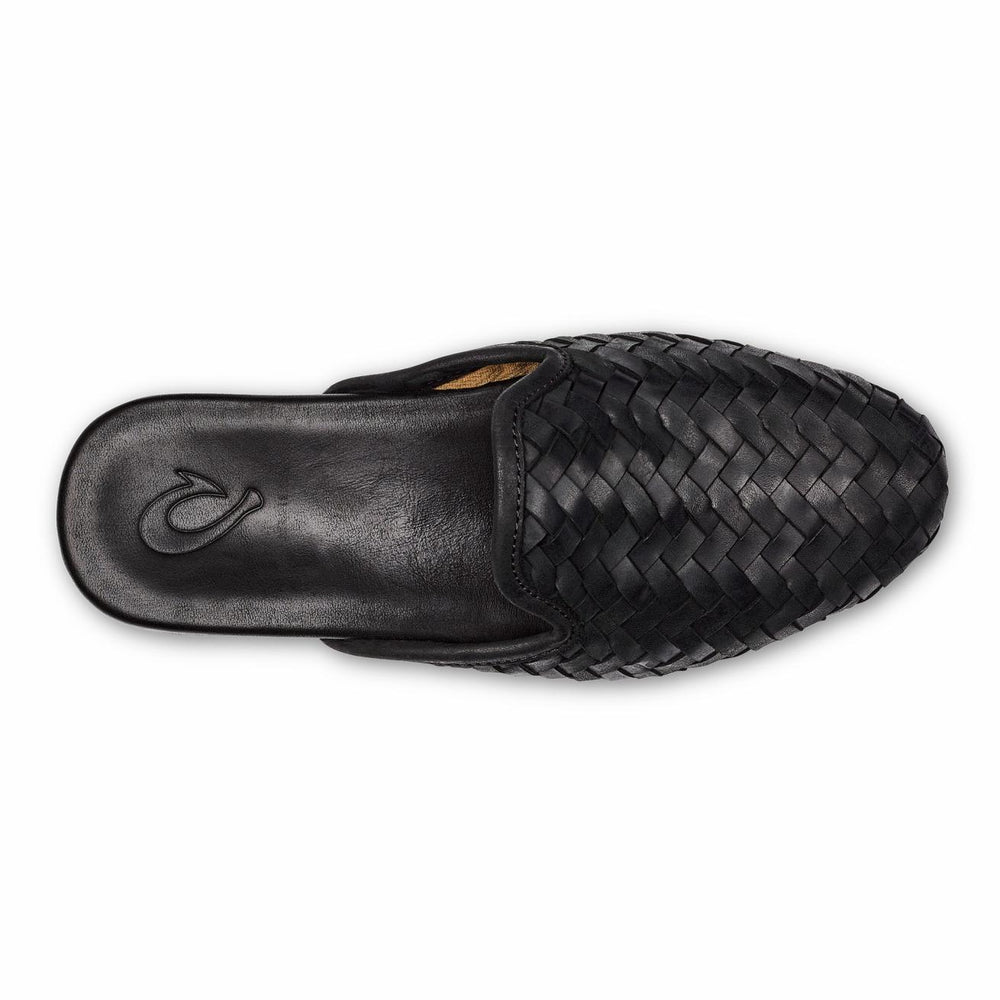 Olukai Mi‘i Woven Leather Mule Shoes - Black | Women Slip-On