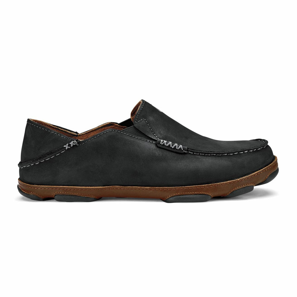 Olukai Moloā Leather Slip On Shoes - Black / Toffee | Men Slip-On