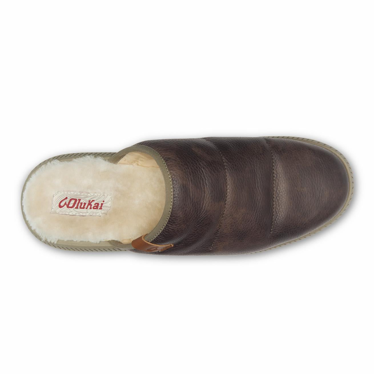 Olukai Mua 'Ili Leather Mule Slippers - Dark Wood / Silt | Men Cold Weather