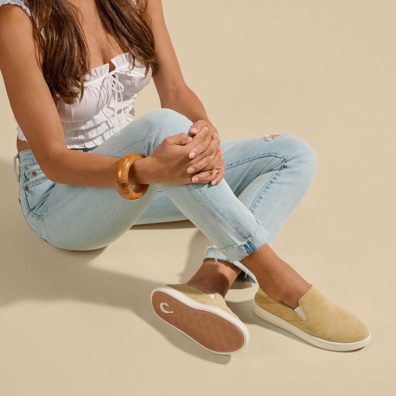 Olukai Pehuea Luxe Suede Shoes - Toasted Coconut | Women Slip-On