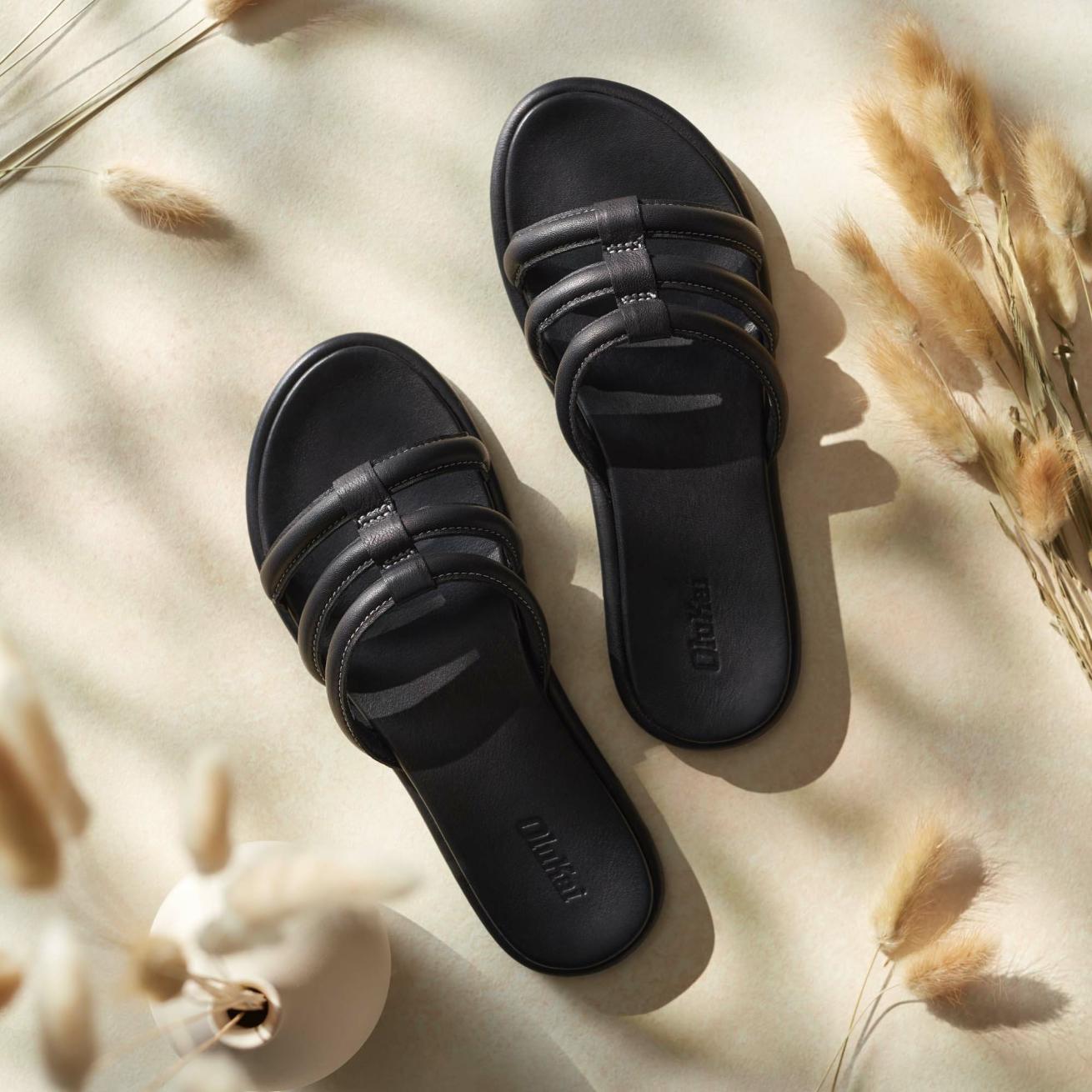 Olukai Tiare Slide Leather Slide Sandals - Black | Women Leather