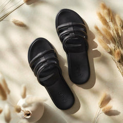 Olukai Tiare Slide Leather Slide Sandals - Black | Women Leather