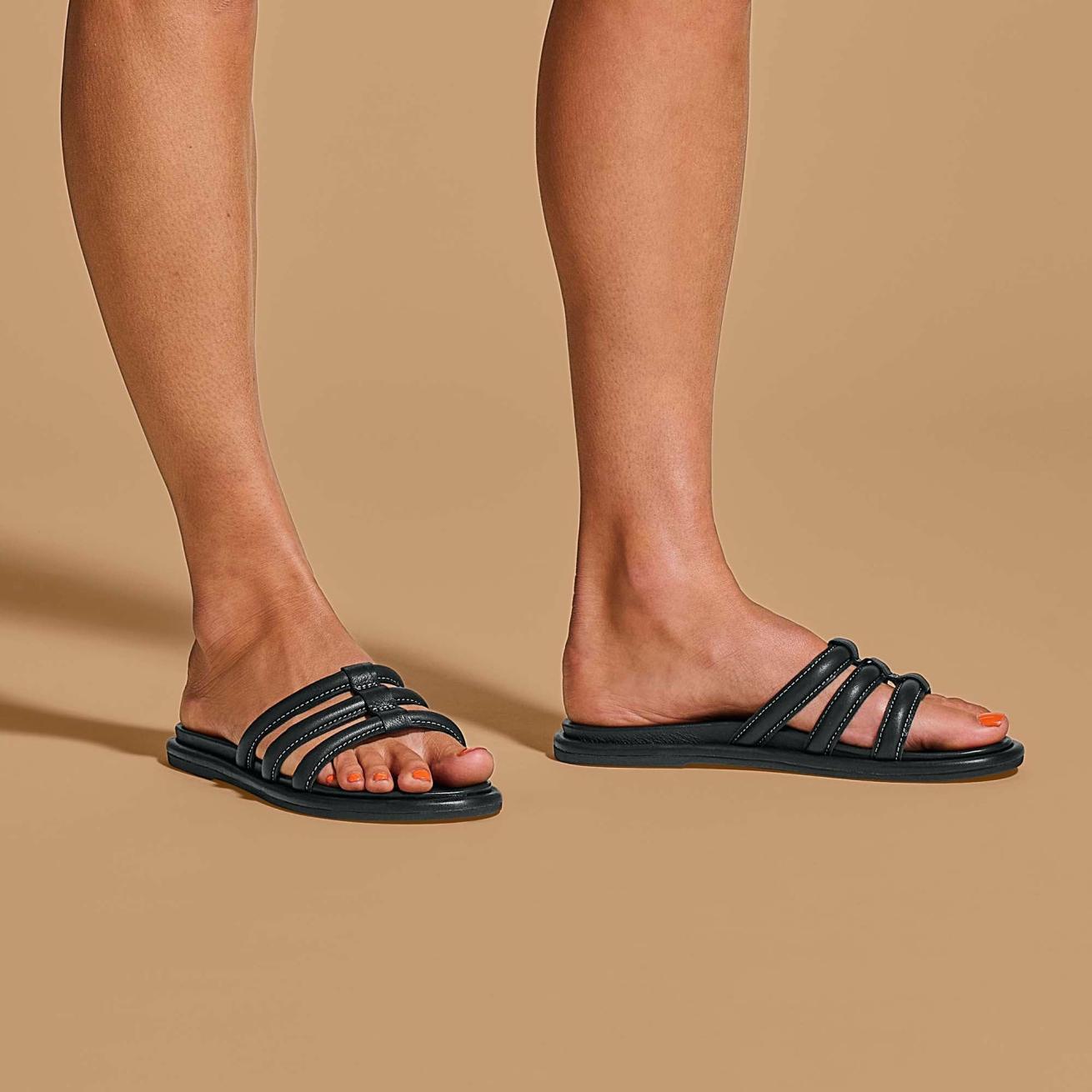 Olukai Tiare Slide Leather Slide Sandals - Black | Women Leather