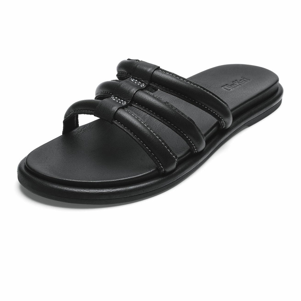 Olukai Tiare Slide Leather Slide Sandals - Black | Women Leather