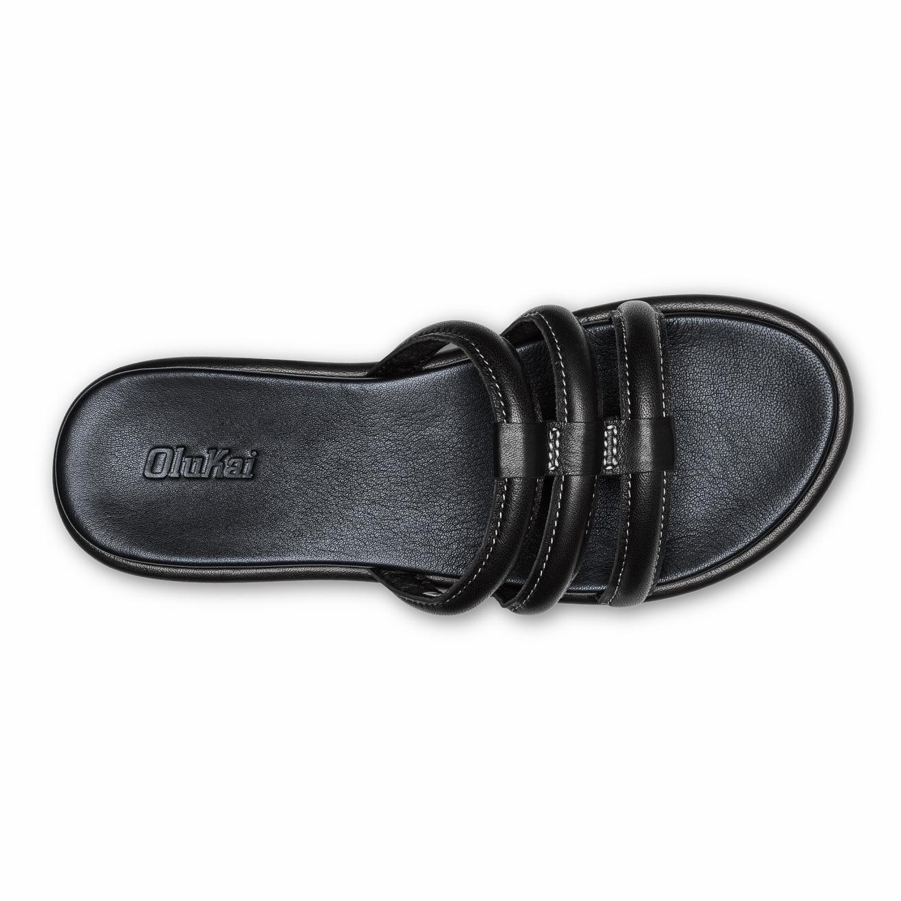 Olukai Tiare Slide Leather Slide Sandals - Black | Women Leather