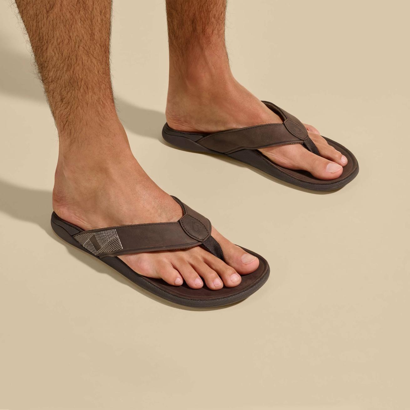 Olukai Tuahine Waterproof Leather Beach Sandals - Dark Wood | Men Water-Friendly