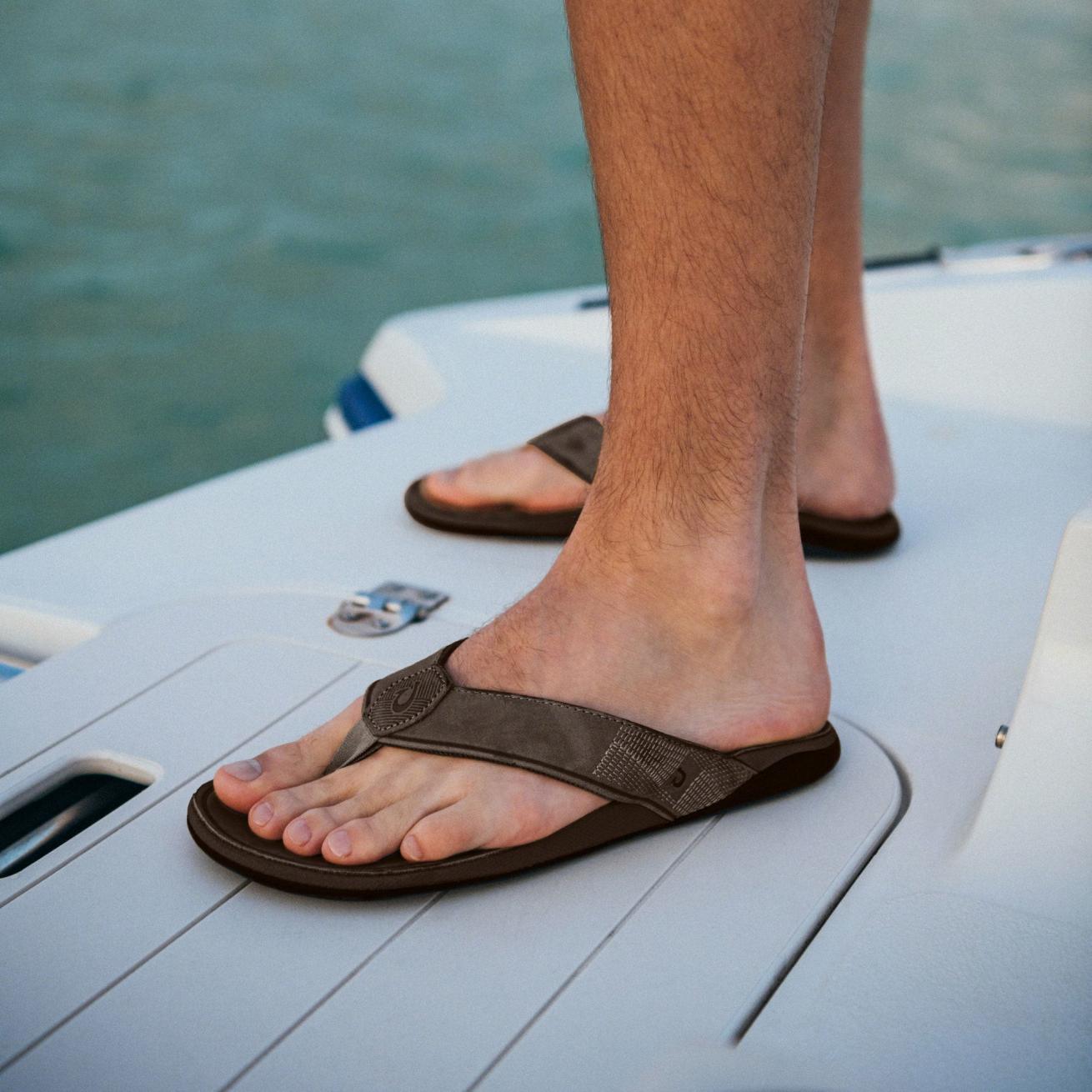 Olukai Tuahine Waterproof Leather Beach Sandals - Dark Wood | Men Water-Friendly