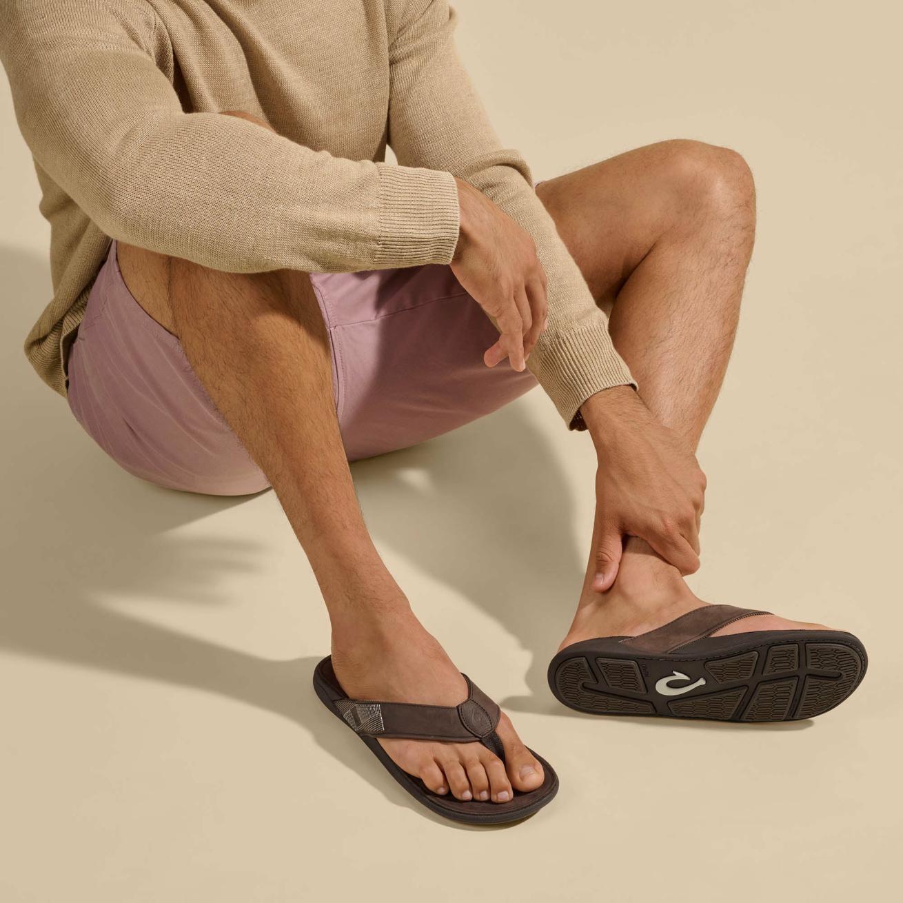 Olukai Tuahine Waterproof Leather Beach Sandals - Dark Wood | Men Water-Friendly