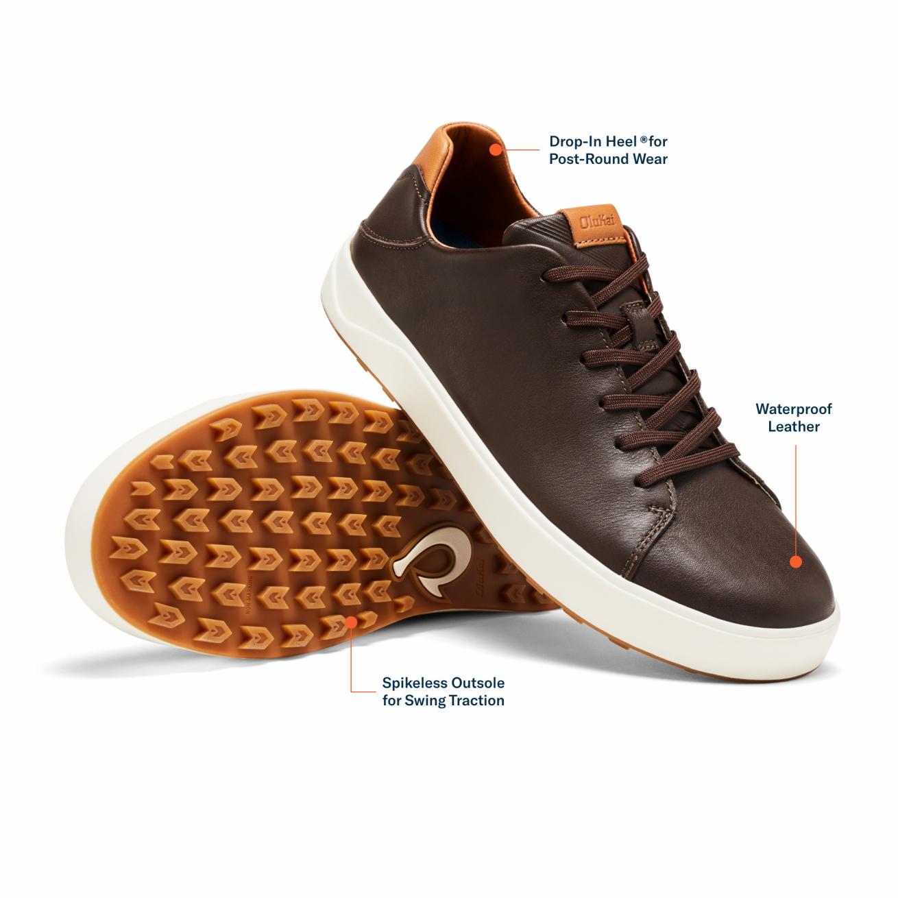 Olukai Wai‘alae Waterproof Leather Golf Shoes - Dark Wood | Men Golf