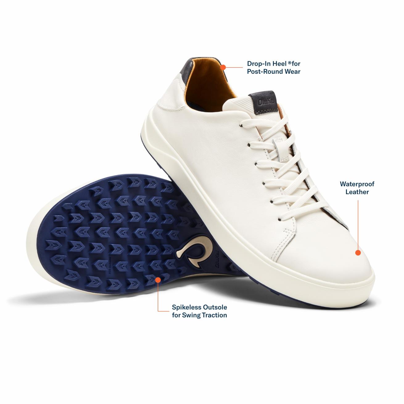 Olukai Wai‘alae Waterproof Leather Golf Shoes - White | Men Golf